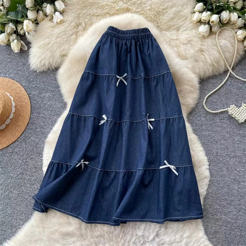 Karofi Vintage Cotton Layered Denim Skirt Women Elastic High Waist Bow Detail Flowy Long Casual A Line Long Midi Skirt