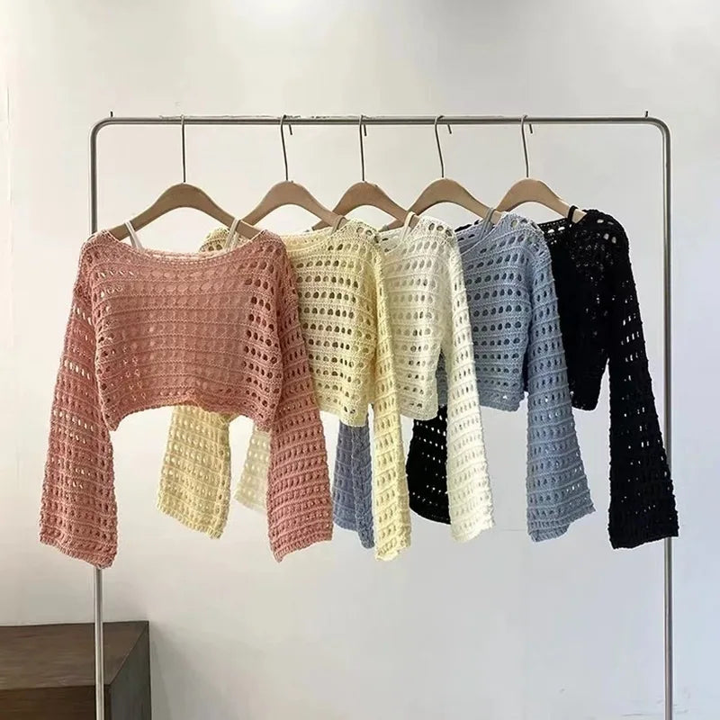 Long Sleeve Crochet Knit Top Summer Beach Bikini Cover Up Crop Pullover Wool Knitwear Blouse Women Vacation Boho Outfit