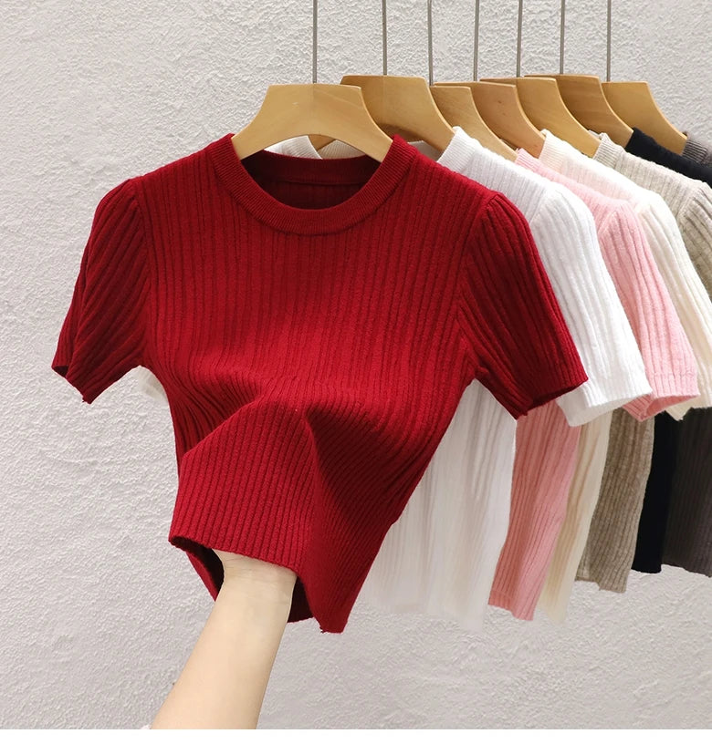 Korean Knit Crop Tee | Women's Casual Solid Basic Top