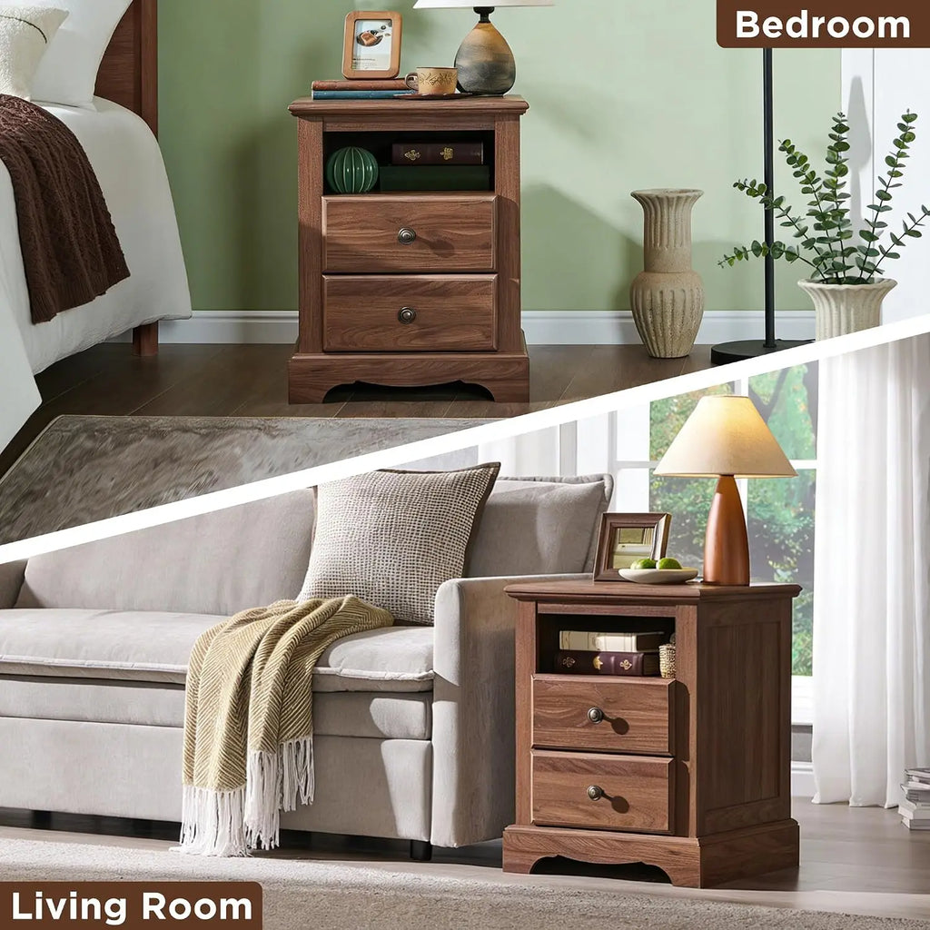Vintage Nightstand Set of 2 with Charging Station, Light Walnut, Customized