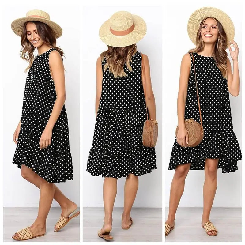 2020 Summer round Neck Sleeveless Polka Dot Loose A-Line Dress with Lace Hem Long Evening Gown Women's Fashion Casual Dress