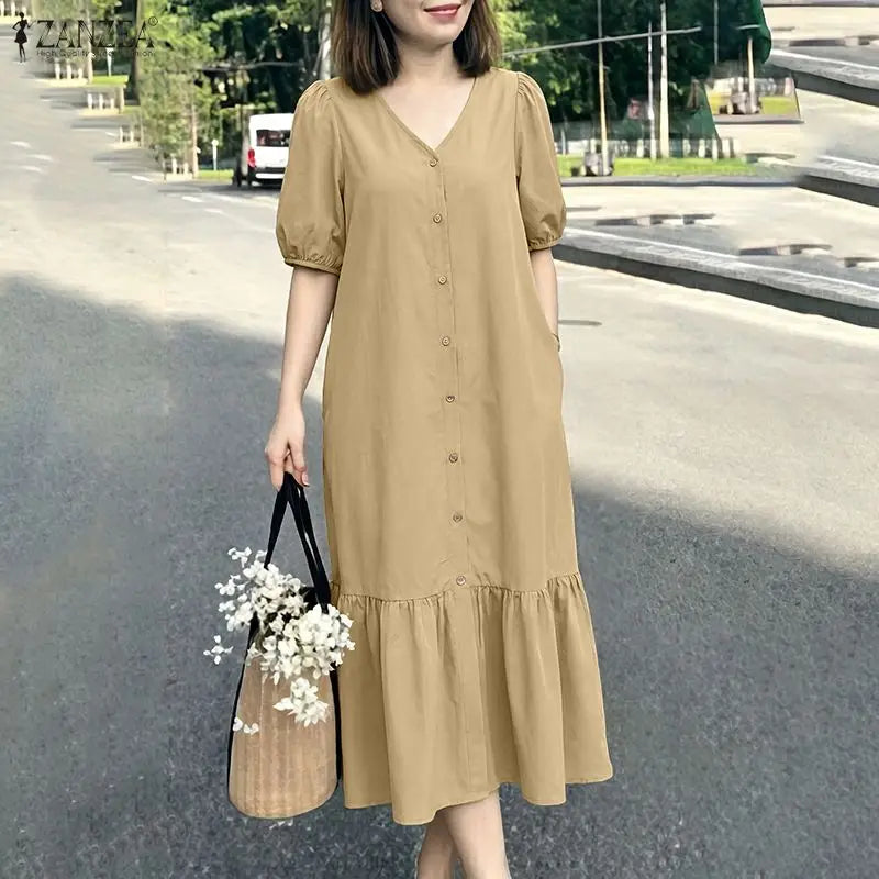 ZANZEA Summer Maxi Dress WomenV Neck Puff Sleeve Button Down Dress Casual Loose Solid Color Ruffle Hem Vacation Sundress Robe
