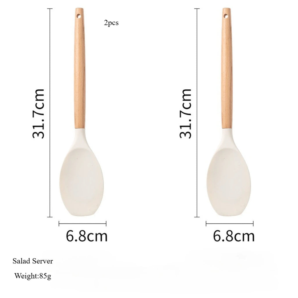 2/12Pcs White Silicone Kitchen Utensils Set with Wooden Handle,Cookware Spatula, Heat Resistant Non-stick Kitchen Cooking Tools