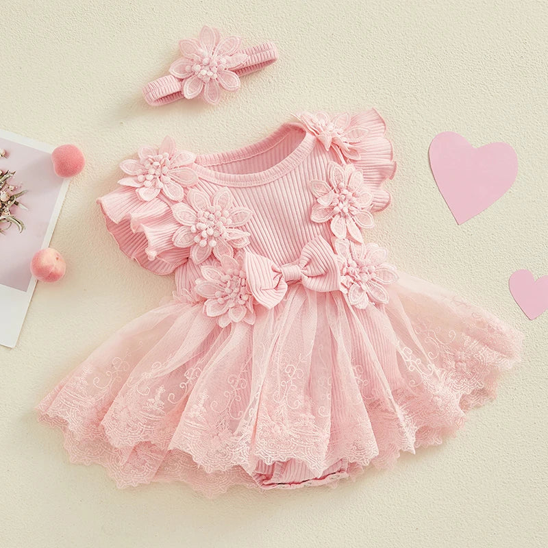 Maemukilabe Baby Girl Lace Tulle Romper Dress With Headband For Toddler Girls 1 To 2 Years Floral Bow