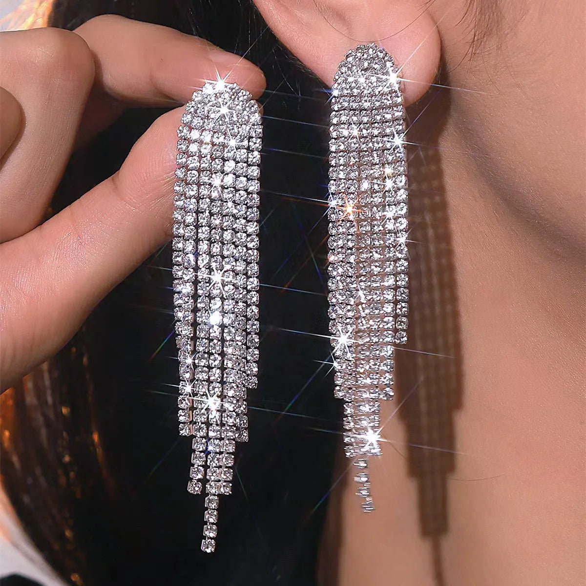 Treazy Shiny 4 Lines Rhinestone Crystal Tassel Long Earrings For Women'S Wedding Hanging Dangle Earrings Bridal Brincos