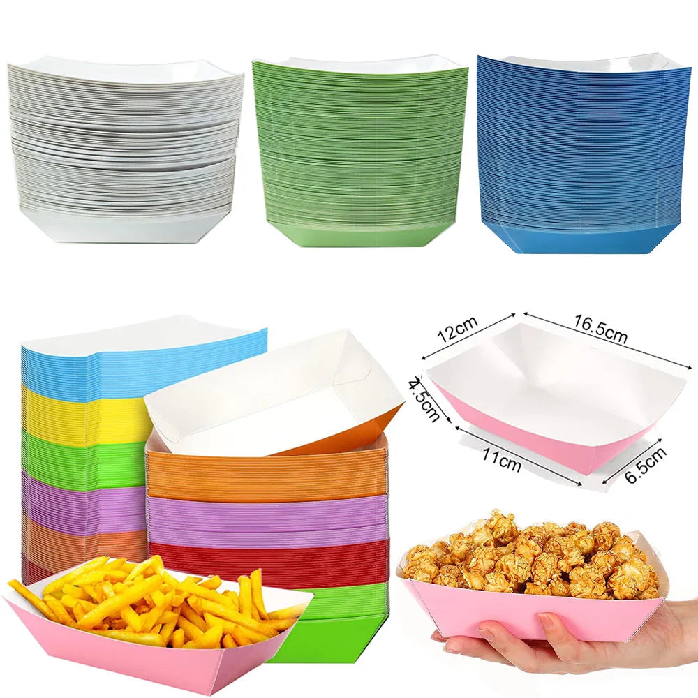 6/12/24 Bandejas de comida de papel de color sólido, desechables, estilo barco, negro, blanco, azul, amarillo, caja de palomitas de maíz, artículos para fiesta de baby shower y cumpleaños