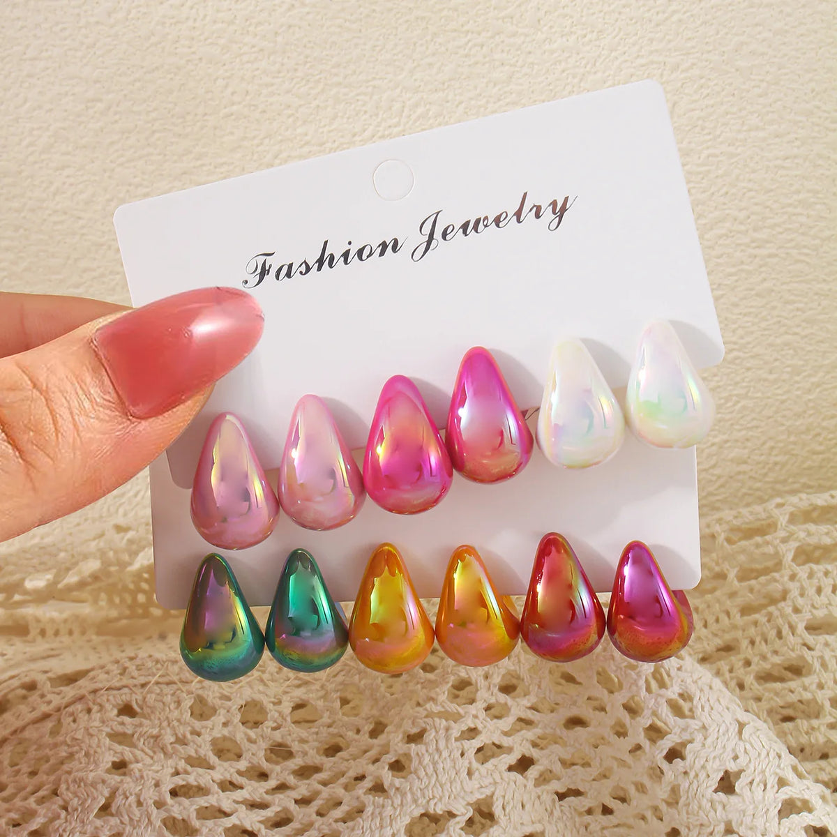 6 Pairs Vintage Water Drop Stud Earrings - Resin Macaron Colors