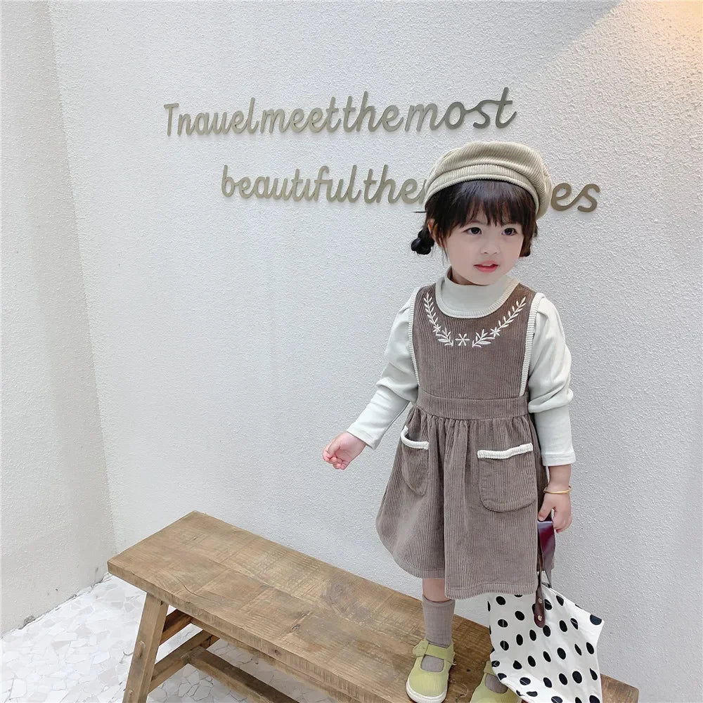 2025 Vinatge Baby Corduroy Sleeveless Dress Little Girls Sundress and Long Sleeve Tops Autumn Winter  Two Piece Set Children