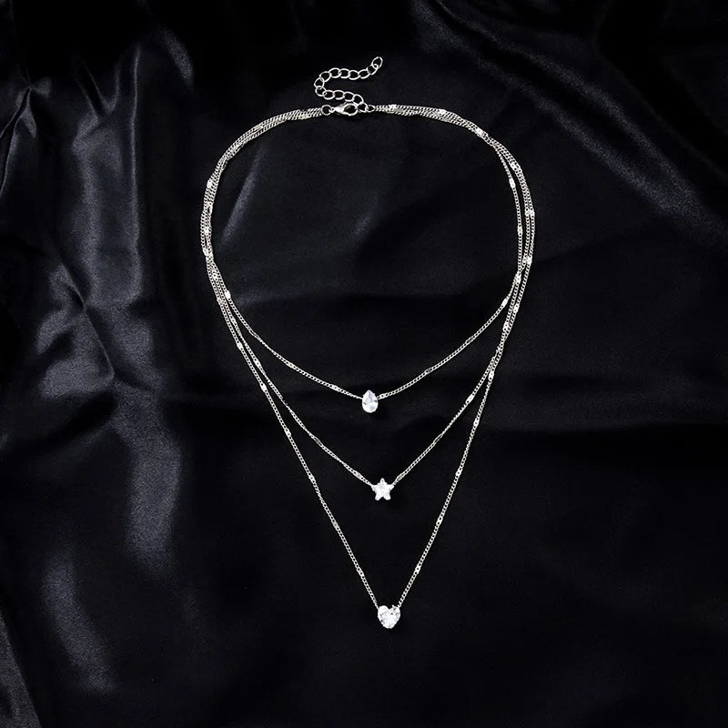 Trendy Zircon Pendant Necklace For Women'S Multilayer Chain Choker Fashion Female Shiny Jewelry