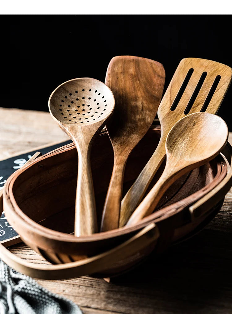 Cucharas de madera para cocinar de 9 piezas, utensilios de madera para cocinar con soporte para utensilios, juego de utensilios de cocina de madera de teca