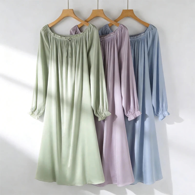 Women's Spring/Summer New 92% Natural Mulberry Silk Elastic Satin Solid Loose Sweet Wind Long Sleeve Home Clothes Nightdress