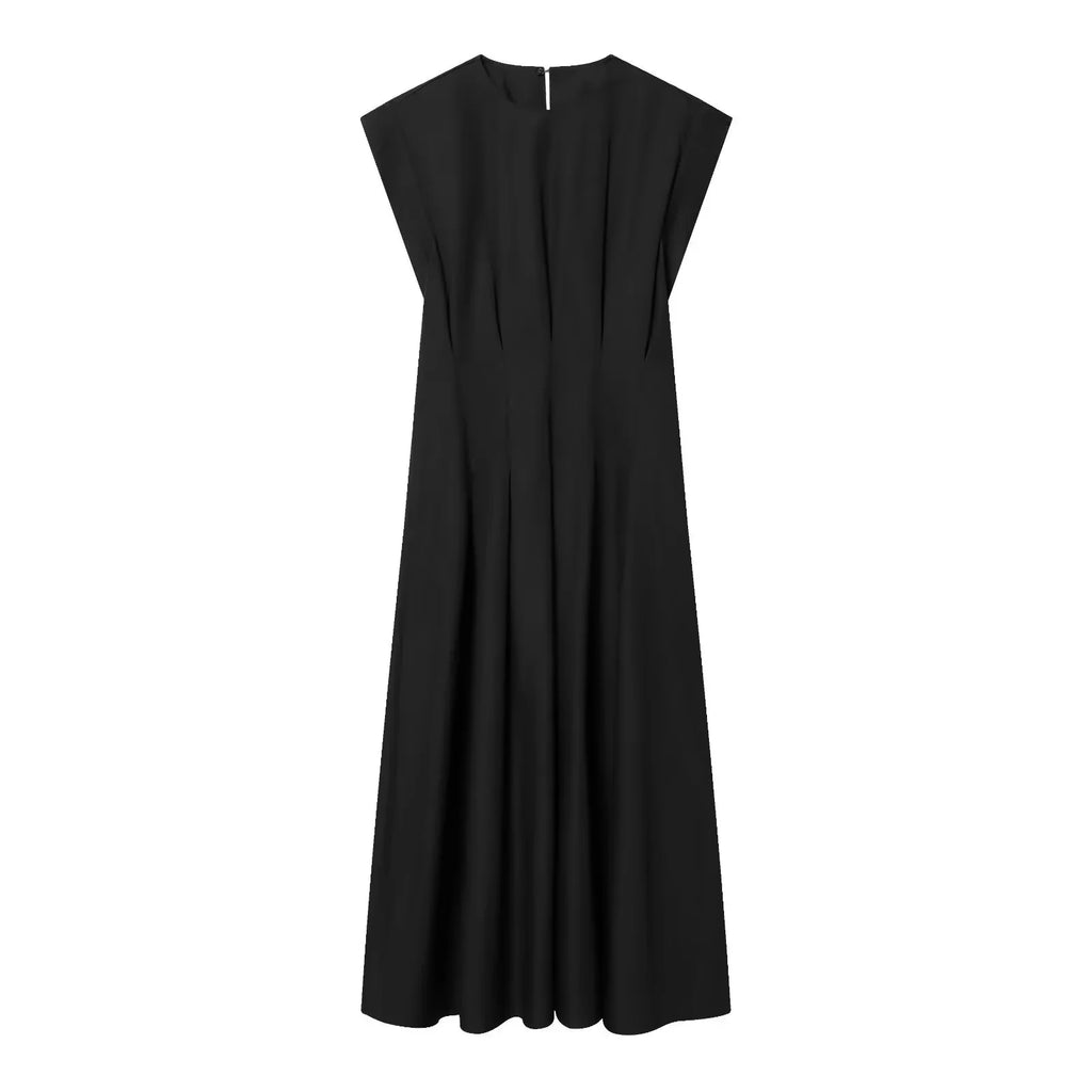 BSAY 2026 Minimalist Solid Color Long Dress Ladies Round Neck Cap Sleeve Waist Flowy A Line Maxi Dress Casual Vacation Sundress