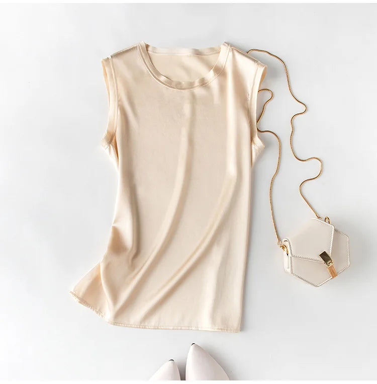Heavy Silk Women's Sleeveless Top T-shirt Autumn Silk Top Silk Satin Bottom Top Solid Color T-shirts Satin Shirts for Women