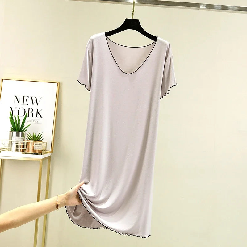 Loose Casual Modal Short Sleeve Dress V-Neck Base Skirt Thin Summer Floral Edge Sleep Dress Versatile Summer Dress