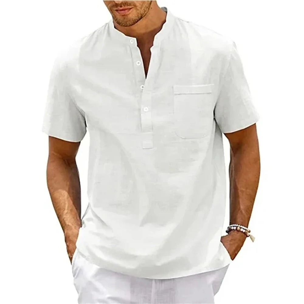 Cotton Linen Shirt For Men Henley With Pocket Breathable Solid Color Short Sleeve Casual Beachwear Vintage Streetwear