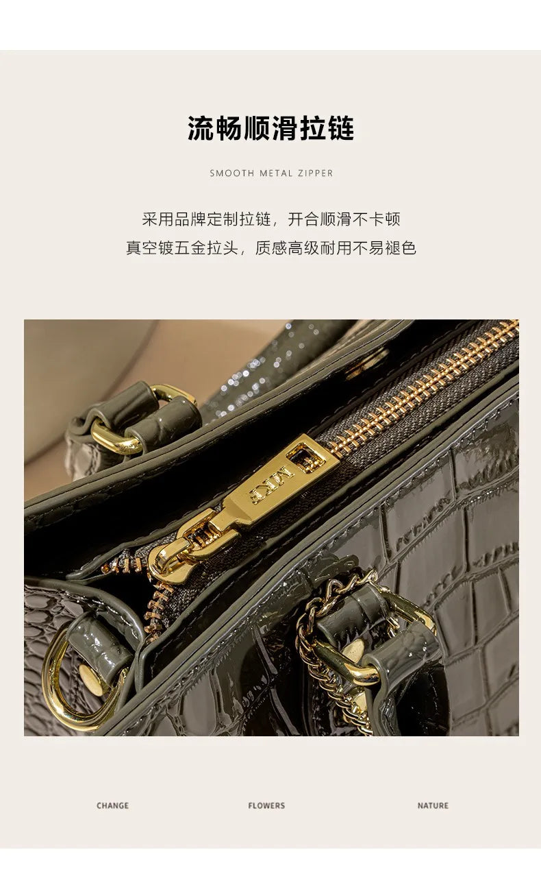Shiny Crocodile Pattern Top-Handle Bag Women Glossy Patent Crossbody Shoulder Bag Elegant Tote Satchel with Key Pendant