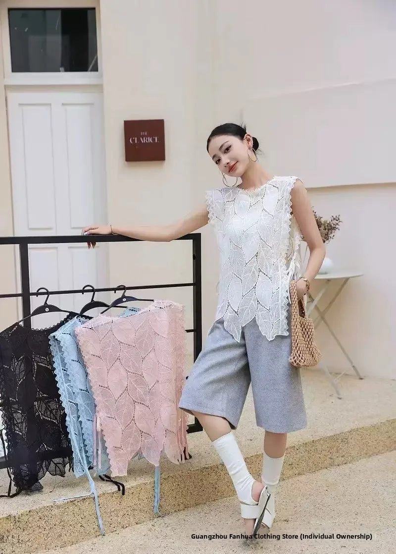 French Elegant Sleeveless Lace Hollow out Top Women's Summer New Design Asymmetrical Outerwear Vest Cover up Polyester Fabric