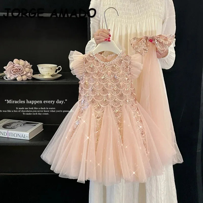 2026 New Summer Party Dresses for Girls Children's Elegant Fashion Mesh Flying Sleeves Sequined Tank Top Princess Skirt S3069
