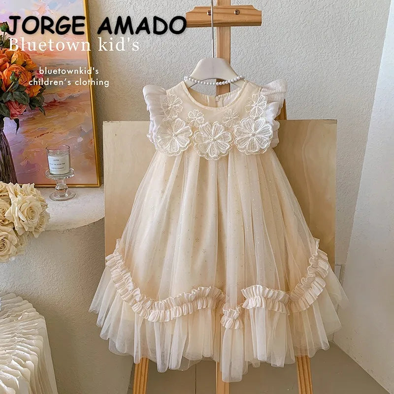 New Summer Kids Girls Lace Tulle Dress Fly Sleeve Ruffle Mesh Princess Gown Wedding Flower Girl Birthday Costume YF900