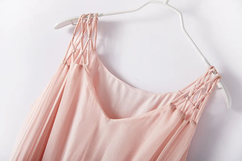 100%Real Silk Elegant Dresses, Women Sleeveless Elastic Waist, Beach Vacation Fairy Dress, 2024 Summer Fall