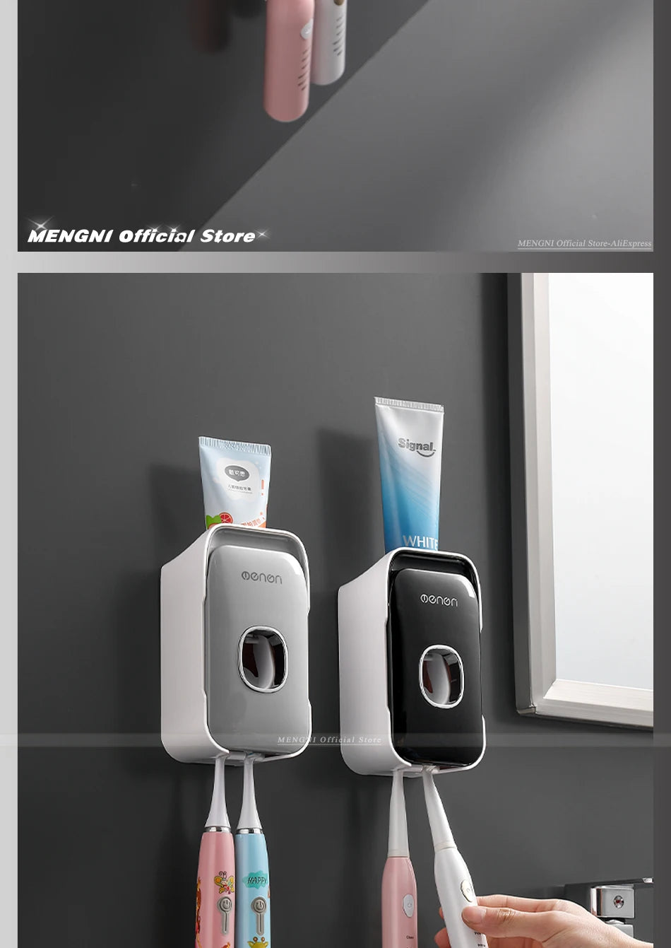 MENGNI Dispensador de pasta dental montado en la pared, exprimidor de pasta dental para baño sin perforaciones, soporte para cepillos de dientes, funcionamiento manual