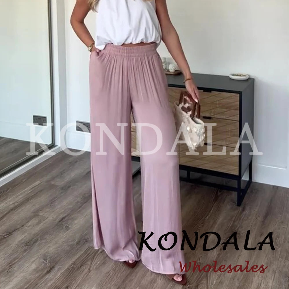 KONDALA Women's Wide Leg Pants - Casual Elastic Waist Trousers Pink
