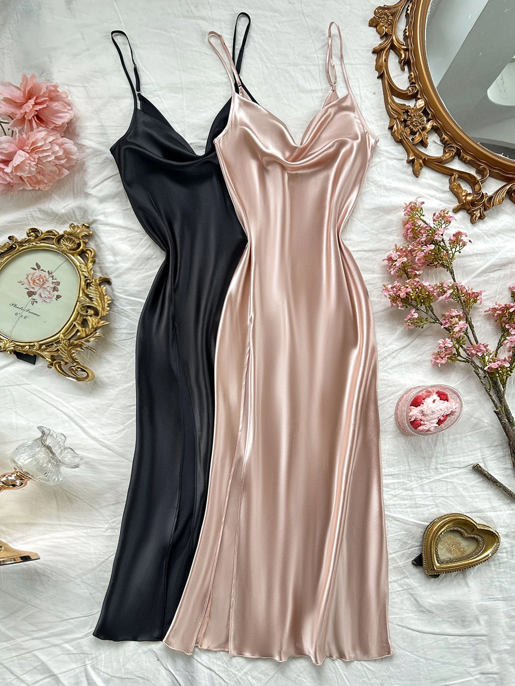 2 Piece Women's Nightgown Set Cowl Neck Spaghetti Strap Long Side Slit Pajamas Solid Color Elegant Dress