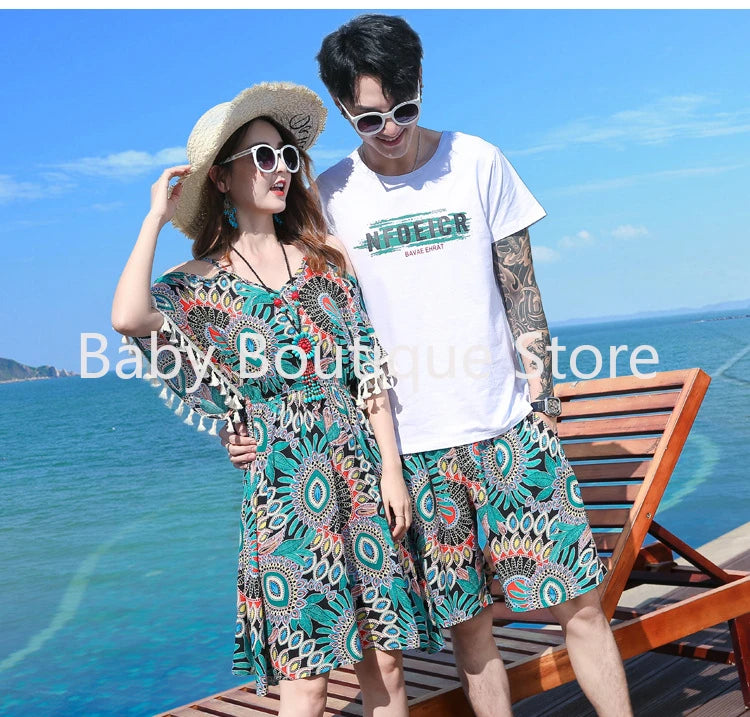 2025 Elegant Floral Girls Dress Family Matching Summer Outfit Off-Shoulder Midi Boho Dress Boys Set Fashionable Beach Vacation