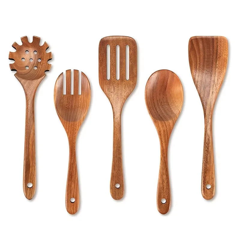 LMETJMA 10 Unidades de Utensilios de Cocina de Madera de Teca Natural, Juego de Cucharas y Espátulas de Madera para Cocinar y Hornear JT503