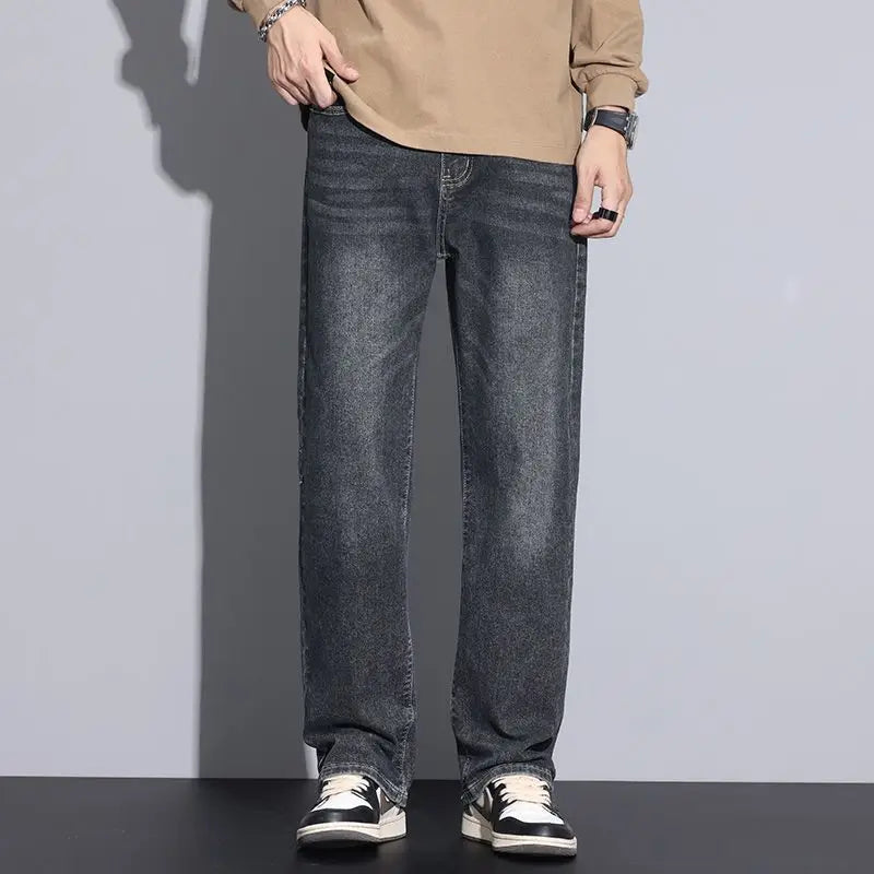 Men's Loose Straight Fit Jeans - Black Elastic Wide Leg Casual