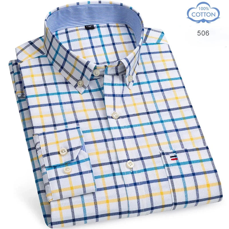 100 Percent Cotton Oxford Shirt For Men Long Sleeve Plaid Pattern Business Office Wear Smart Casual
