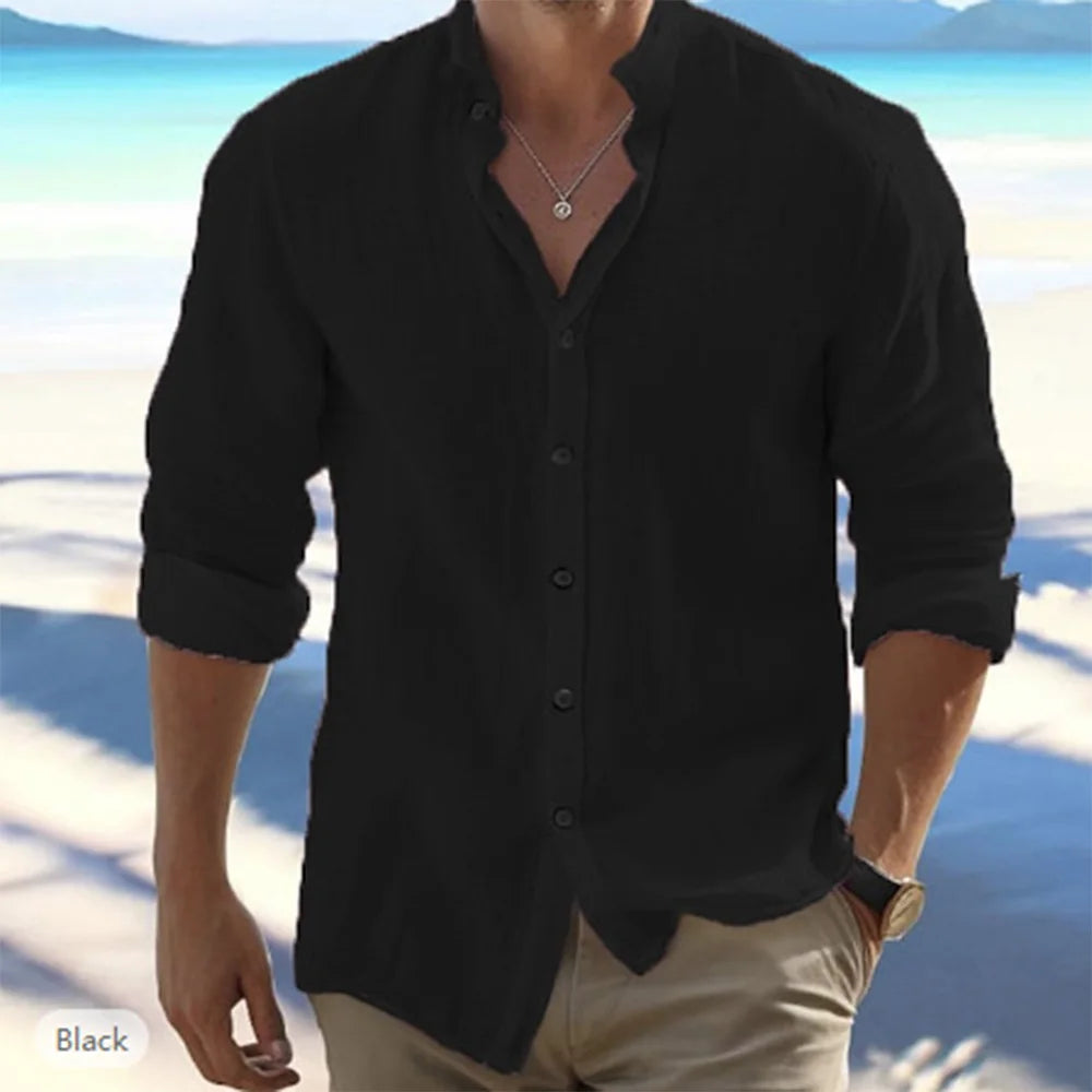 Breathable Cotton Linen Mens Long Sleeve Shirt Solid Color With Stand Up Collar For Summer Beach Style Plus Size