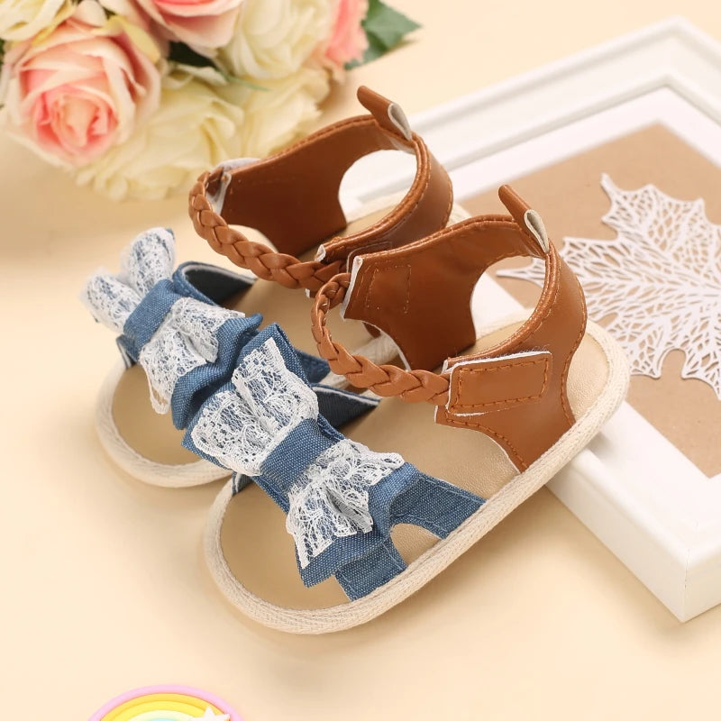 2025 Infant Baby Girls Summer Sandals with Flower Bowknot Soft Sole Wedding Dress Flats Newborn First Walkers Crib Dress Shoes