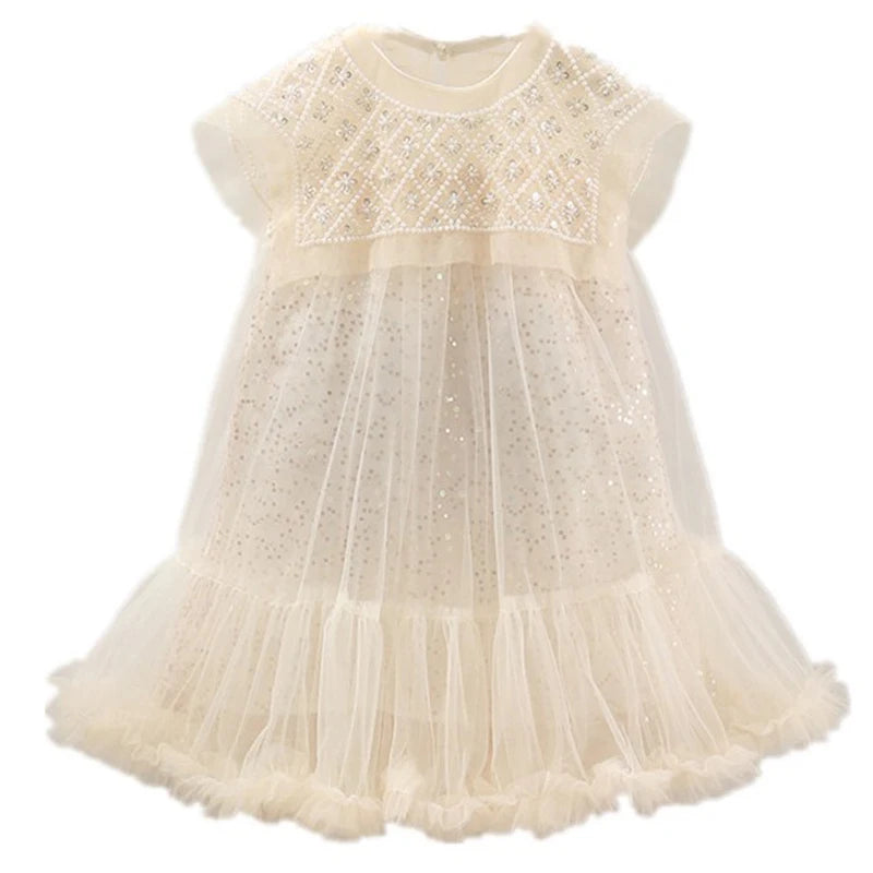 New Girls Princess Dress Casual Spring Summer Children's Wear Korean Pearl Neck Princess Dress Fashion Yarn Dress