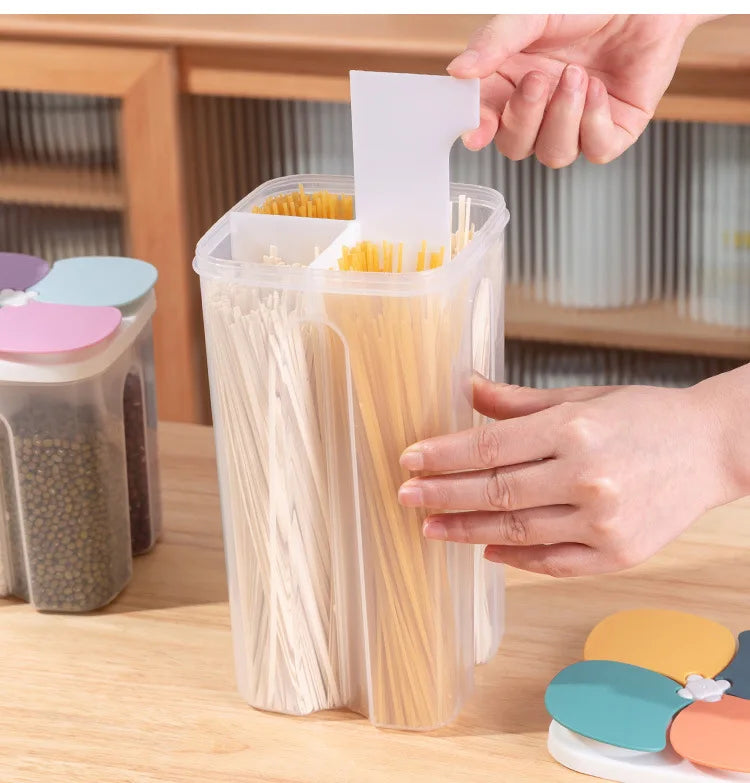 Caja de almacenamiento de cereales para cocina, de plástico, con 4 compartimentos, tarro sellado para cereales, recipiente para alimentos, tanque de grano a prueba de humedad, caja para mantener frescos los espaguetis