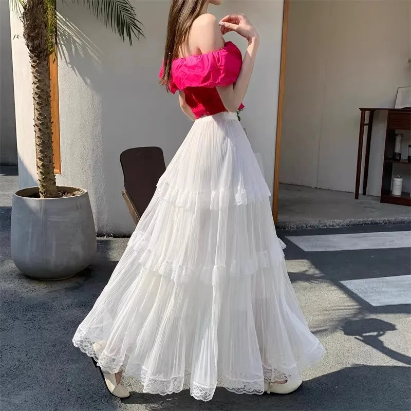 Retro Sweet White Long Skirt Women Casual Loose High Waist Elegant Skirt Vintage Lace Patchwork Korean Summer Long Skirts