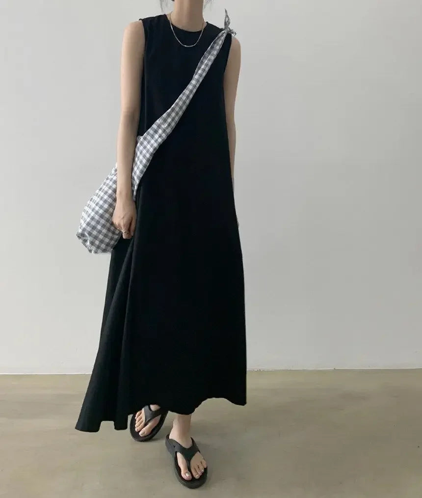 Korean Fashion Women Dress Casual Round Neck Loose Solid Color Casual Big Swing Sleeveless Long Linen Lazy Style Vestidos