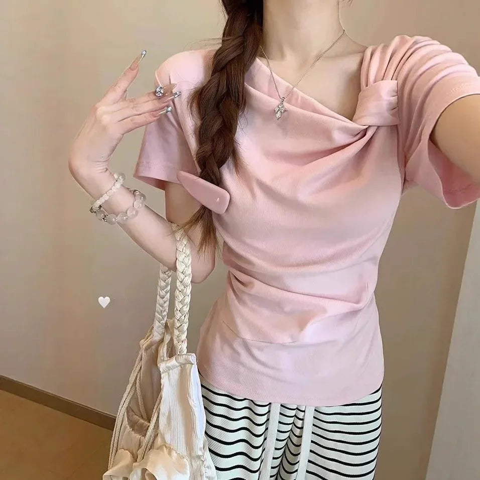 Slim Fit Short Sleeve T-Shirt Women's Shoulder Bared Folded Design Casual Versatile Summer Top for Petite Ladies