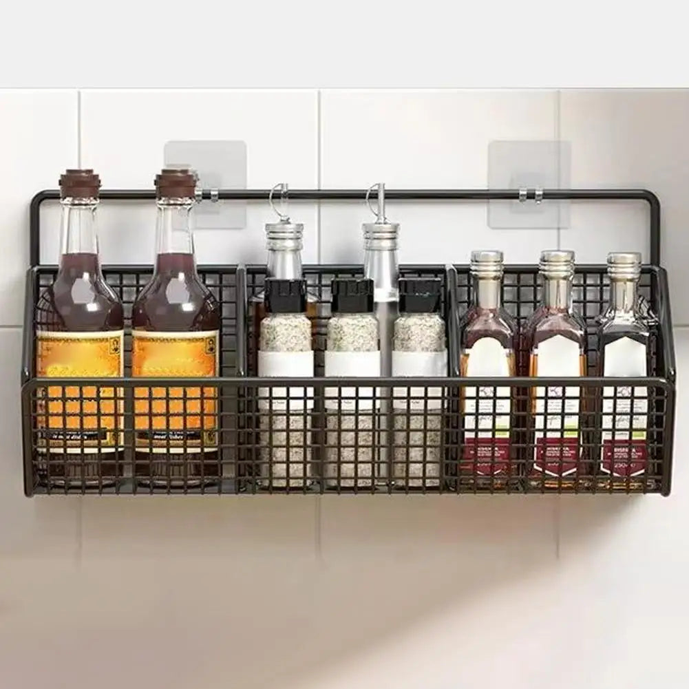 Wall-Mounted Kitchen Storage Basket - Perforation-Free Iron Rack Black