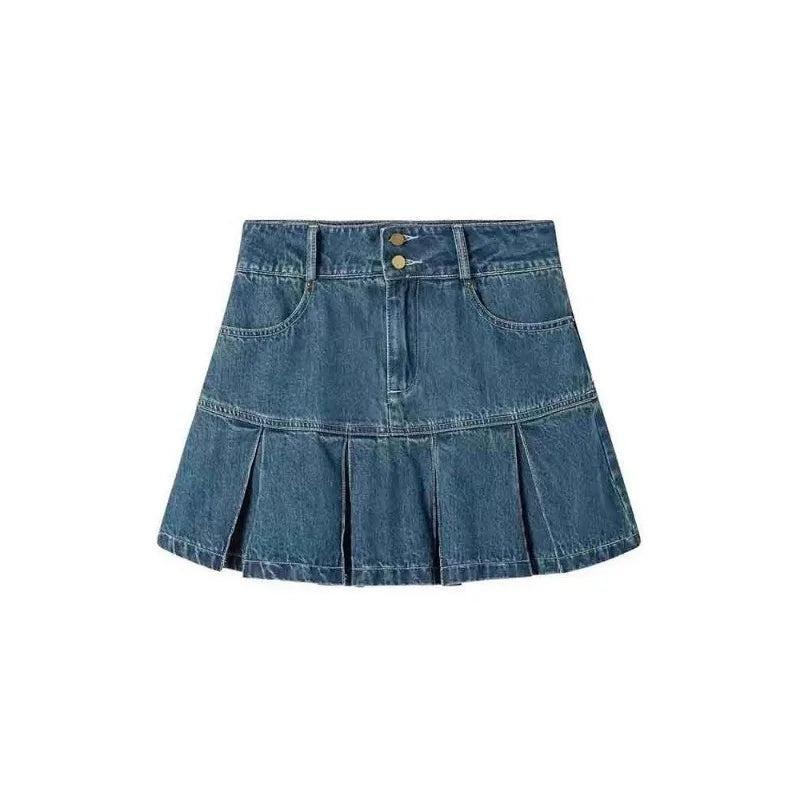Women's Skirt Denim Pleated Mini High Waist A Line Short Slim Vintage Summer Casual Stylish