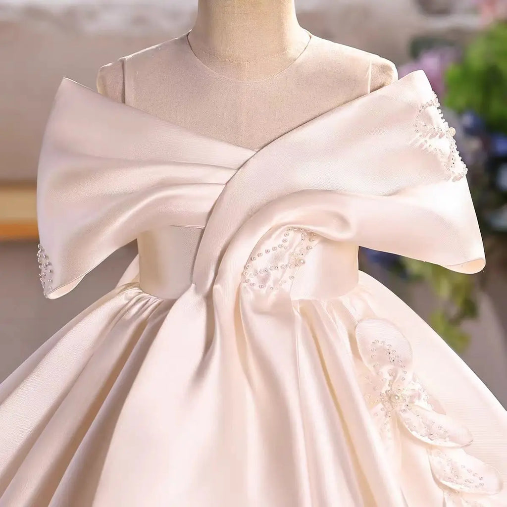 Dreamy Vow D254 Girls Satin Dress Big Bow Knot Party Gown Kids Wedding Birthday Princess Dress Children Flower Girl Outfit White