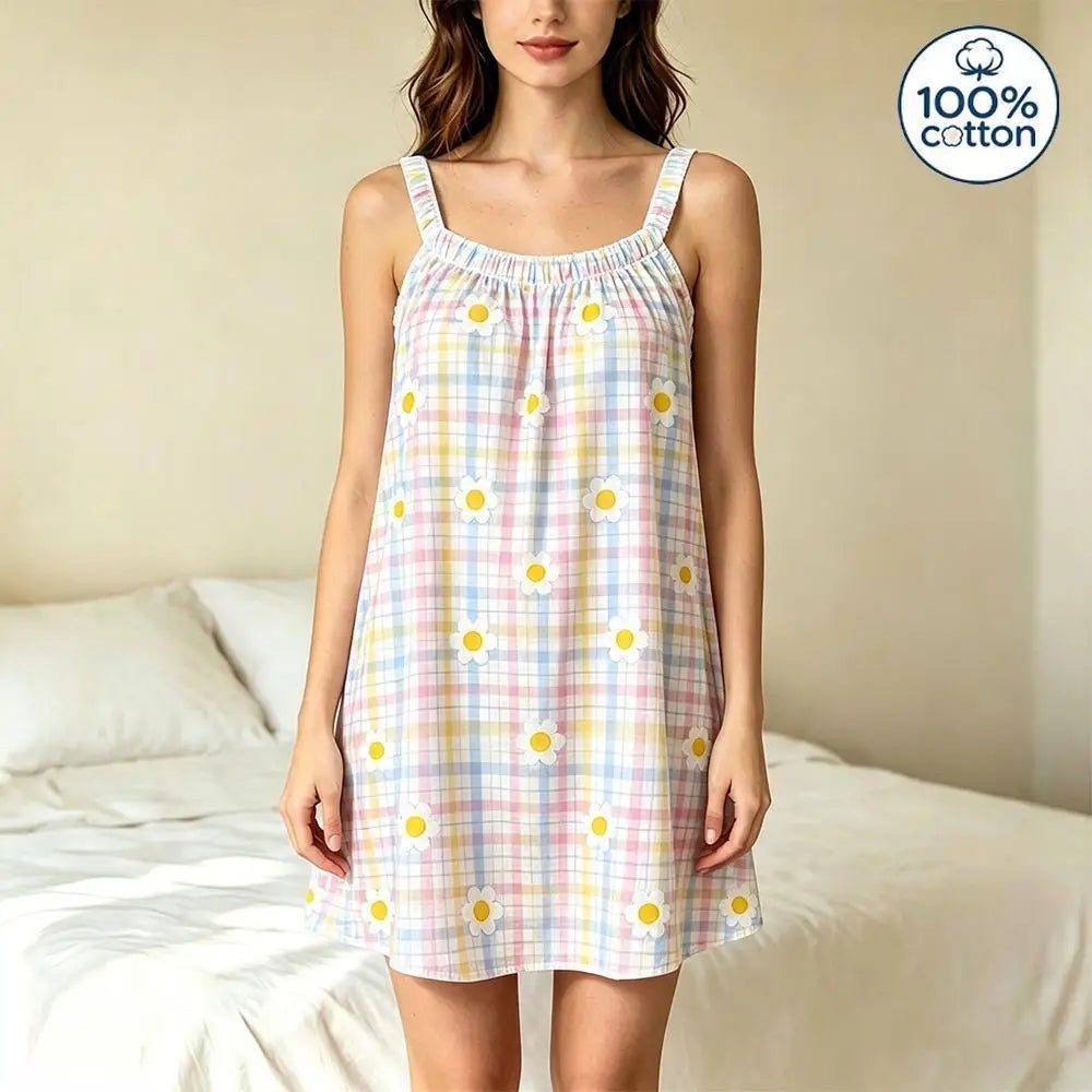 100% Cotton Women's Sleeveless Slip Nightgown Sweet Daisy Plaid Print Loose Summer Sleep Dress Ladies Casual Homewear Pajamas