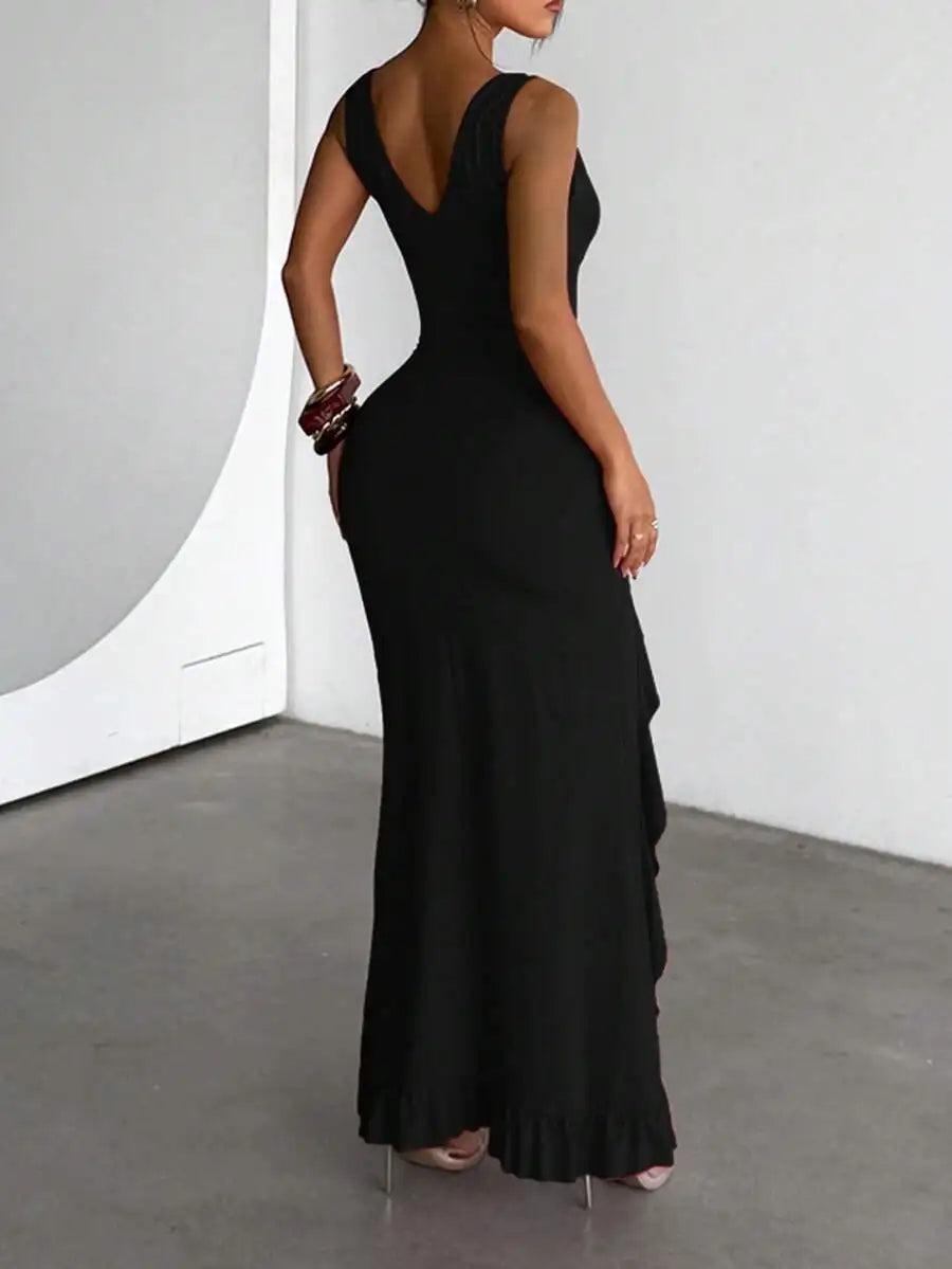 Women's V-Neck Ruffle Hem Slit Solid Color Dress, Suitable For Dates, Gatherings, Parties, Travel, Vacation,Beach
