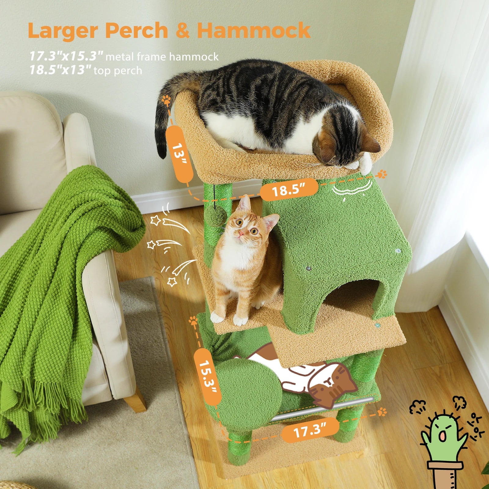 Cactus Cat Tree Tower for Large Cats with Metal Plush Big Hammock for Indoor Cats with 2 Door Condo House with Large Top Perch