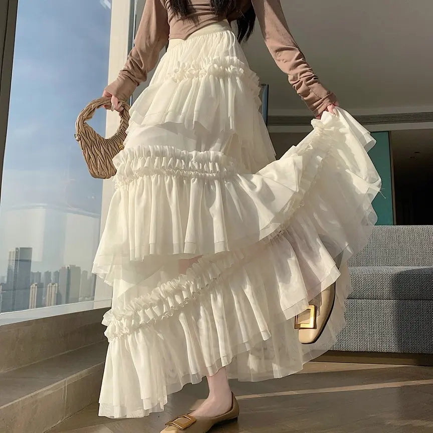 Qiukichonson Midi Long Skirt Women Patchwork Mesh Lolita Spring Summer High Waisted High Low Ruched Ruffles Ball Gown Skirt rok