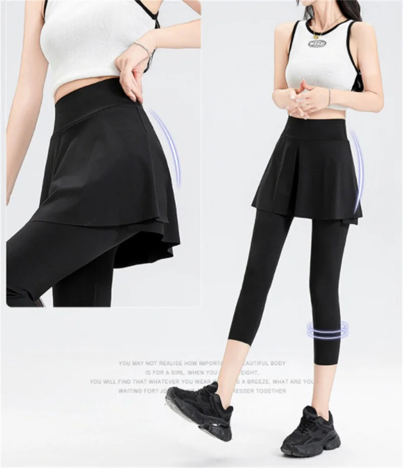 Aiithuug with Pocket Women Tennis Skirted Leggings Capris Yoga Leggings with Skirts Tennis Pickleball Clothing Cropped Leggings