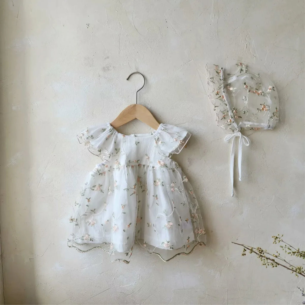 2026 Summer New Baby Girl Short Sleeve Princess Dress Sweet Girls Flower Embroidery Mesh Dress Fashion Children Clothes