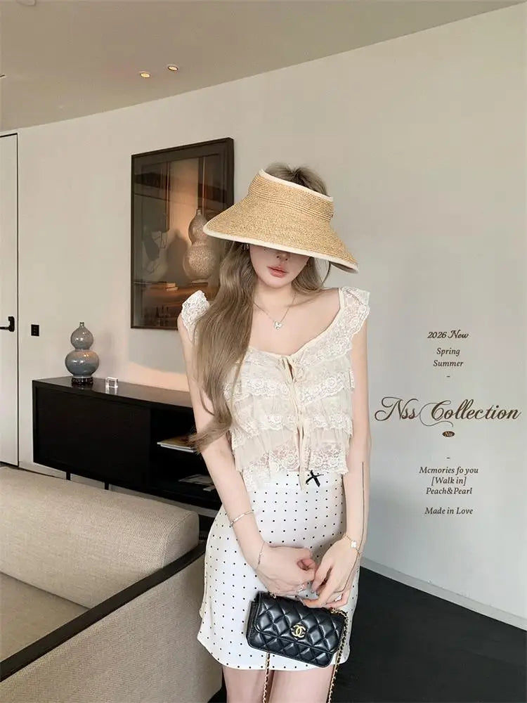 Korean Style Short Lace Halter Top Women's Summer New Design Pure Desire  Leaf  Spicy Girl Commute Loose Fit Casual