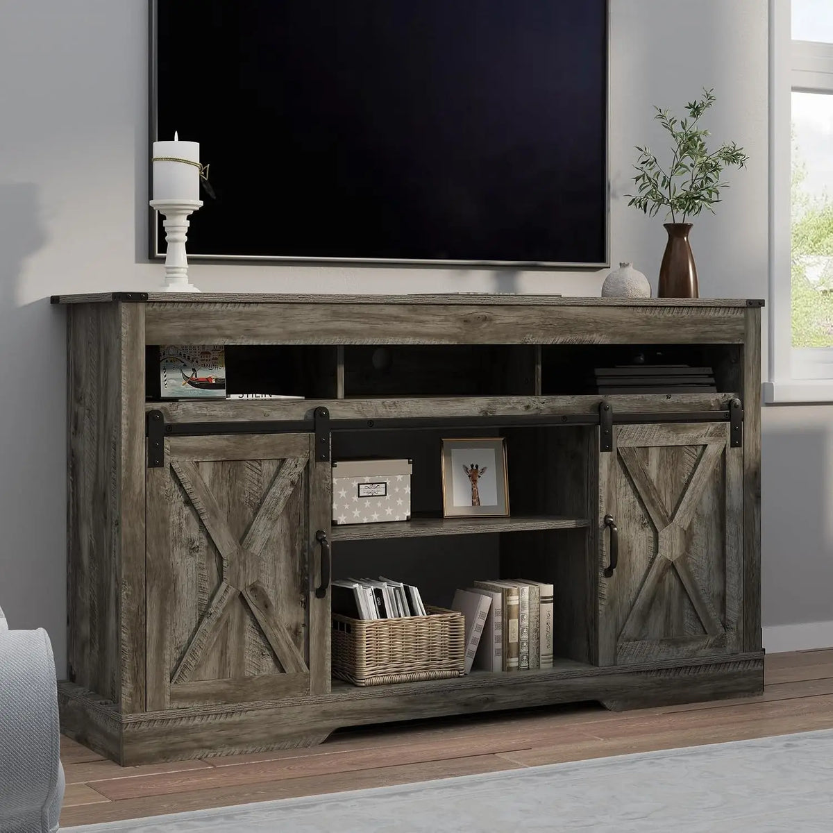 Farmhouse TV Stand for 23" Fireplace, 65" TV Console, 34" Tall Rustic Sliding Barn Door, Dark Grey, Customized