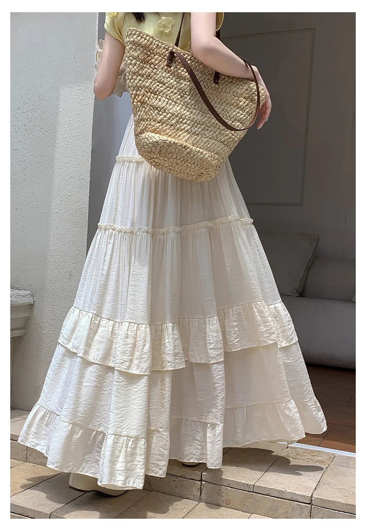 White Tiered Ruffle Hem Skirt 2025 - High Waist Flowy A-Line Maxi Skirt, Summer Chiffon Layered Skirt with Pleats